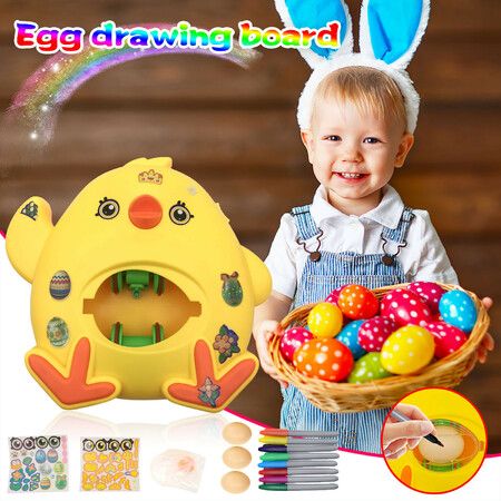 Egg Painting Machine, Easter Egg Decorating Turner Tool, Cute Chicken with 3 Eggs Sticker Set, 8 Quick Dry Marker Pens for Kids Educational Craft Kit Toy Party