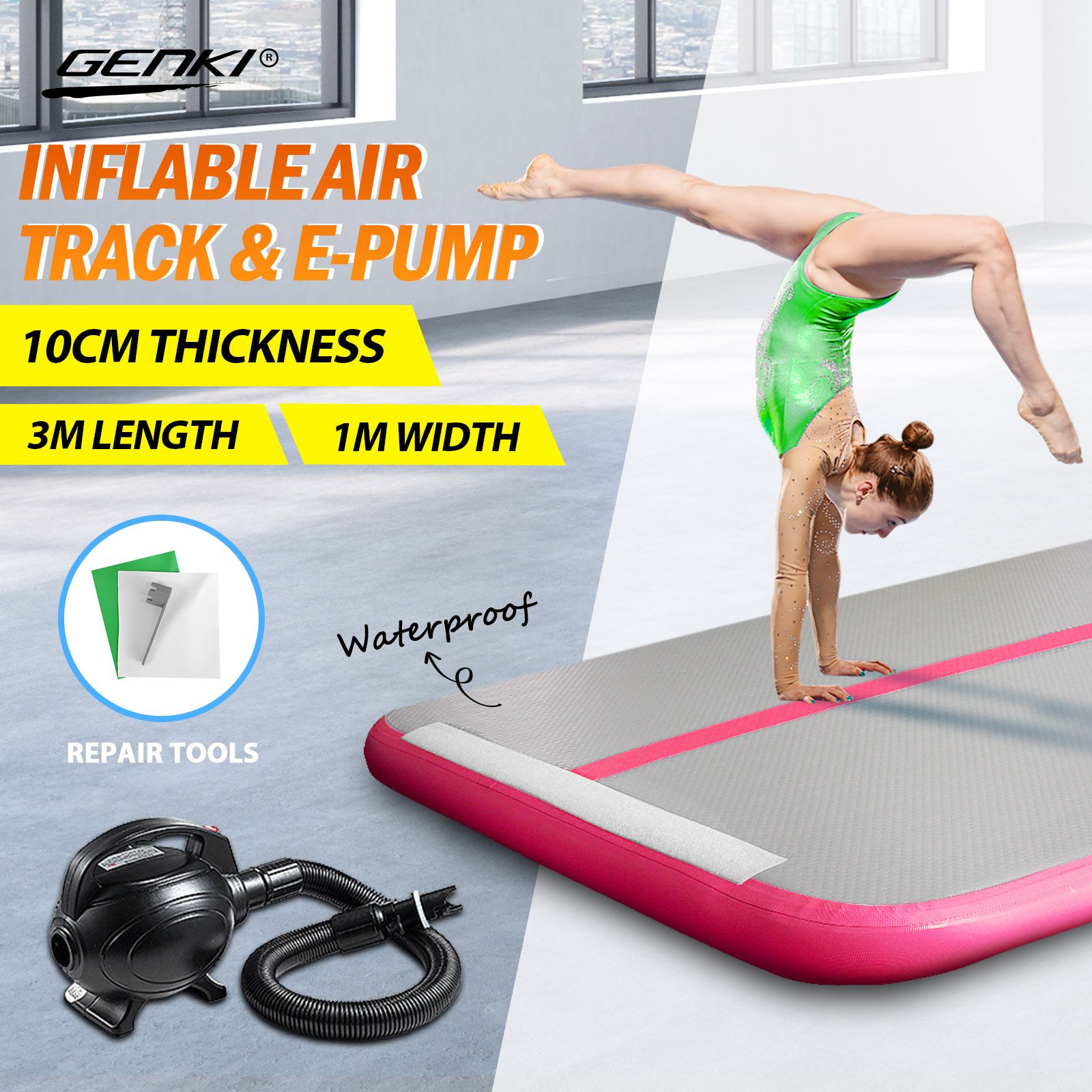 AirTrack Inflatable Air Track Gymnastics Tumbling Floor Mat with Electric Pump Pink 3x1x0.1m