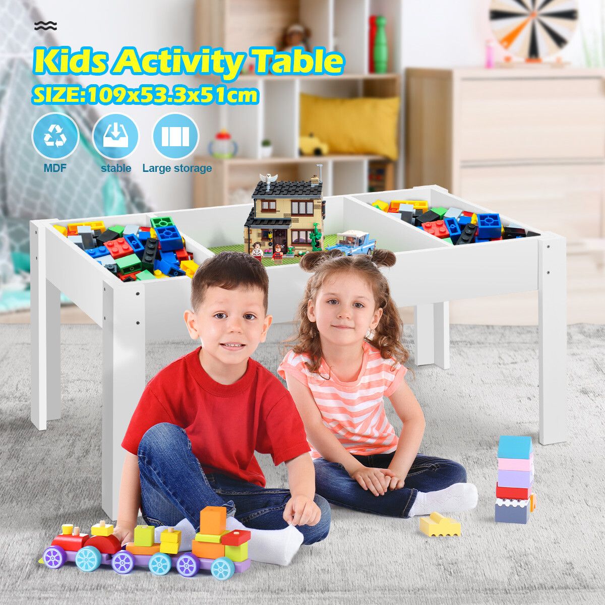 Kids Wooden Activity Table Lego Play Center Toys Storage Desk Compatible with Building Blocks