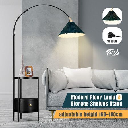 Black LED Floor Lamp Arc Corner Standing Reading Light Height Adjustable Storage Shelves Drawer