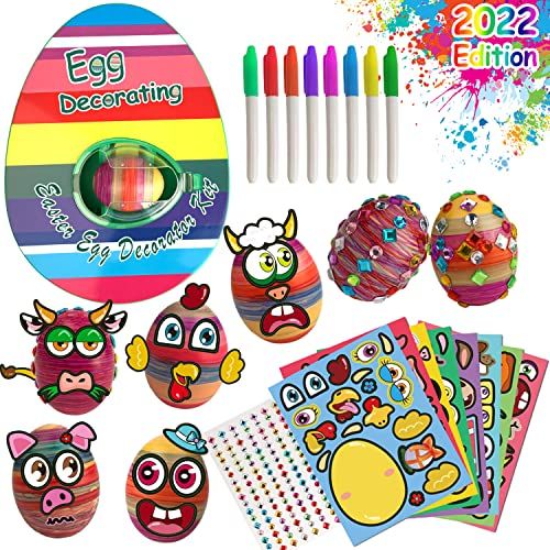 Easter Eggs Music Light Spinner?egg dying kit?egg painting kit,Coloring Kit with plus 10 wooden eggs crystals cartoon stickers
