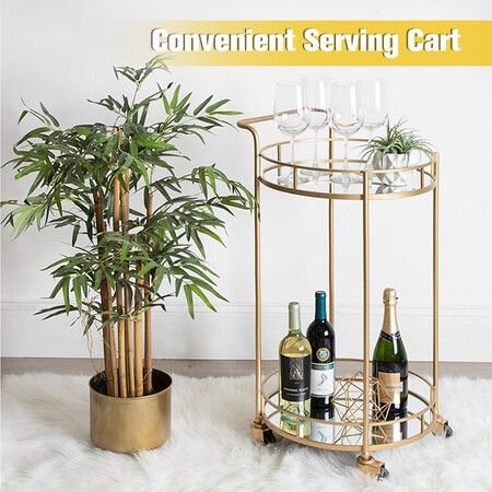 Round Gold Bar Cart Rolling Serving, Round Bar Cart With Wine Rack