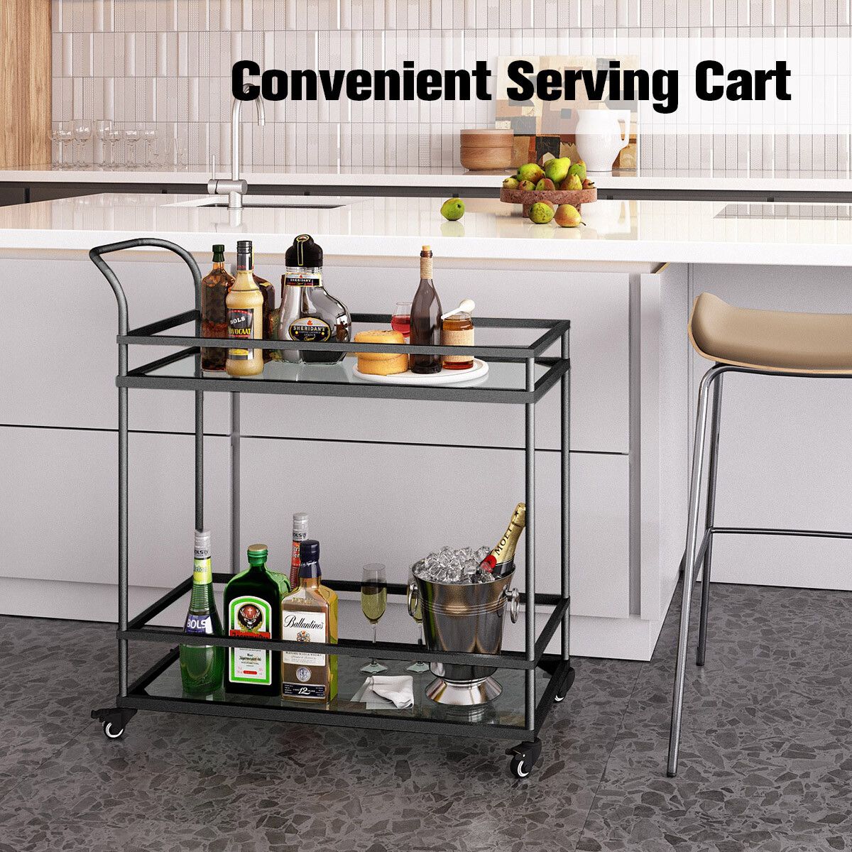 Black Bar Cart Coffee Rolling Trolley Tea Drinks Cocktail Wine Mobile Trolly Glass Shelves Lockable Wheels