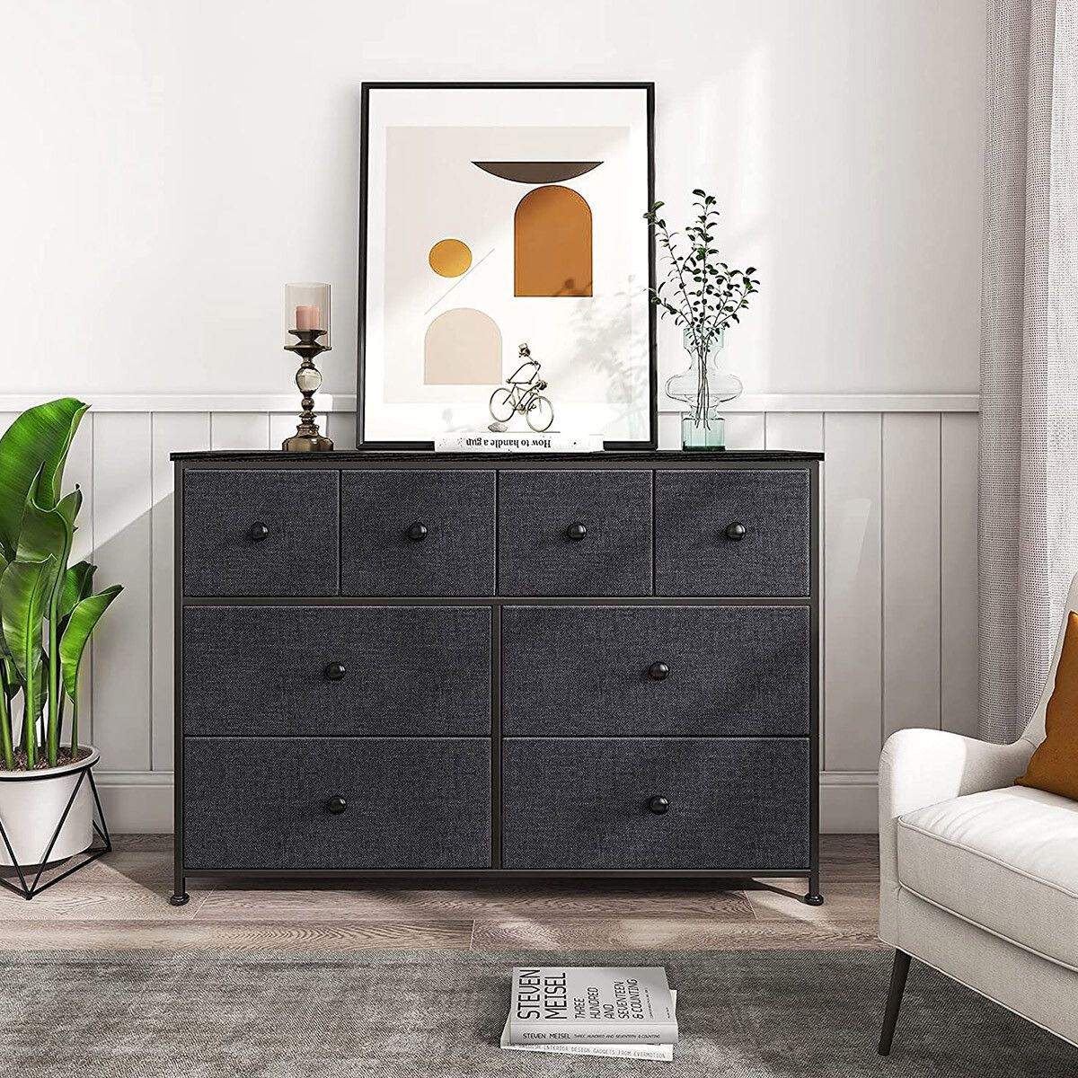 Chest of 8 Drawers Black Bedroom Dresser Storage Organizer Unit Fabric 