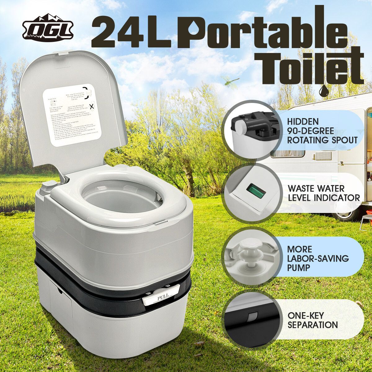 Portable Toilet Camping Potties Travel Porta Potty Mobile Bathroom Black and Grey 44.5x35x44cm 24L