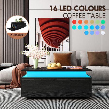 Rectangle Coffee Table Black Modern High Gloss with 2 Drawers 16 LED Colours Living Room Storage Furniture