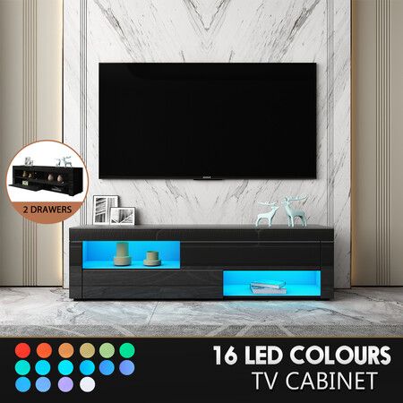 TV Stand Cabinet Storage Black Console LED Entertainment Unit High Gloss Front 2 Drawer 