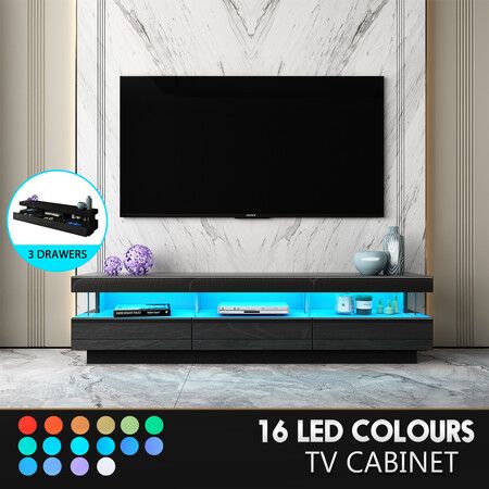 Black LED TV Stand Unit Storage Cabinet Entertainment Console High Gloss Front 3 Drawer 
