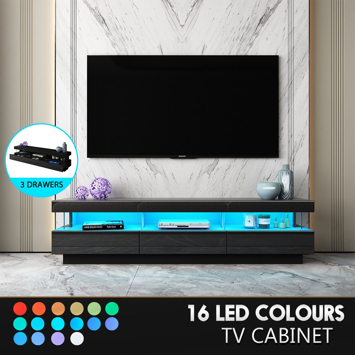 Black LED TV Stand Unit Storage Cabinet Entertainment Console High Gloss Front 3 Drawer