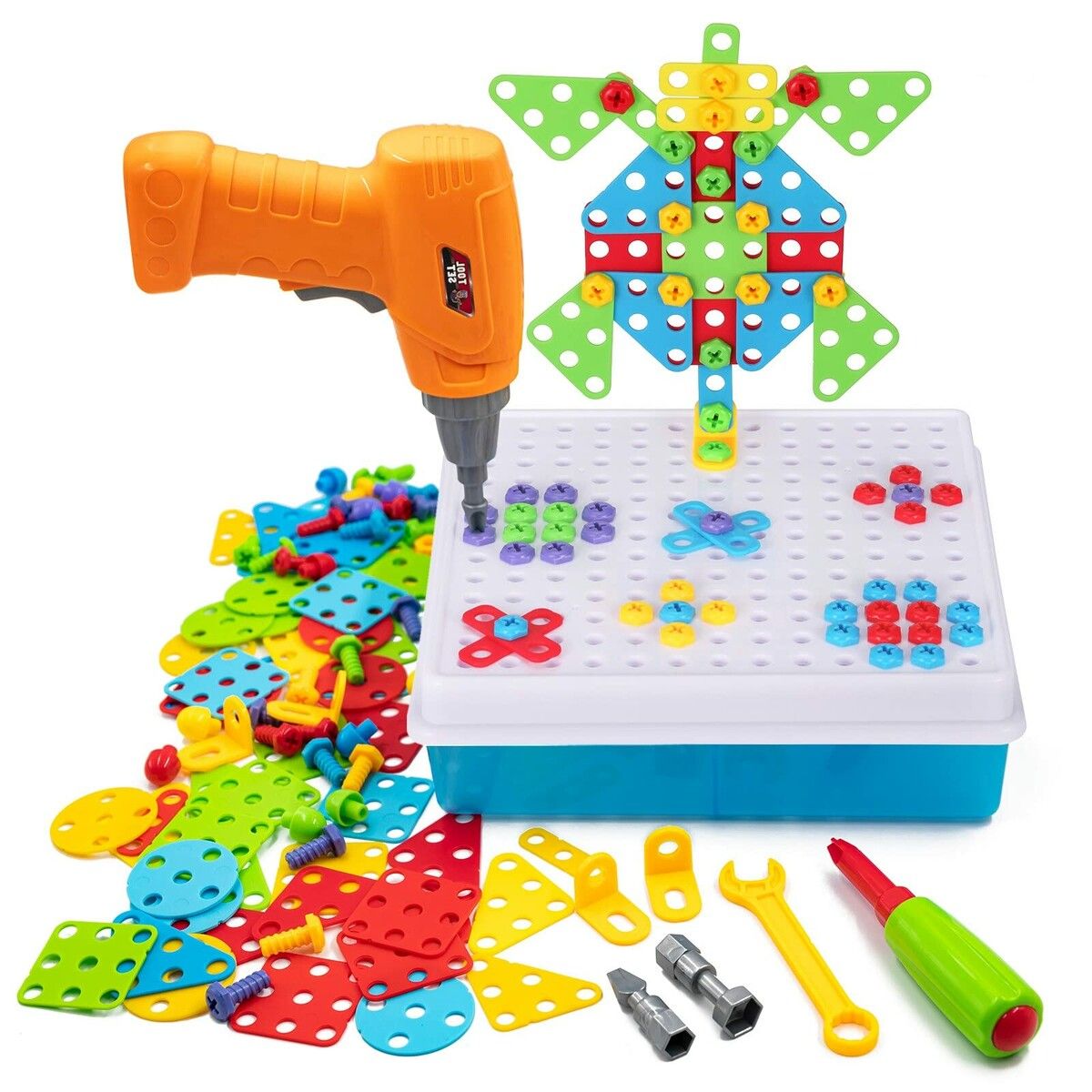 Creative Mosaic Drill Set for Kids , Kids Electric Drill and Screw Puzzle Set for Girls and Boys STEM Building Toys, 3-8 Years Old Drilling Toy