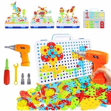 STEM Learning Toys, Construction Engineering Building Block Games with Toy Drill & Screw Driver Tool Set (237 Drill Puzzles)