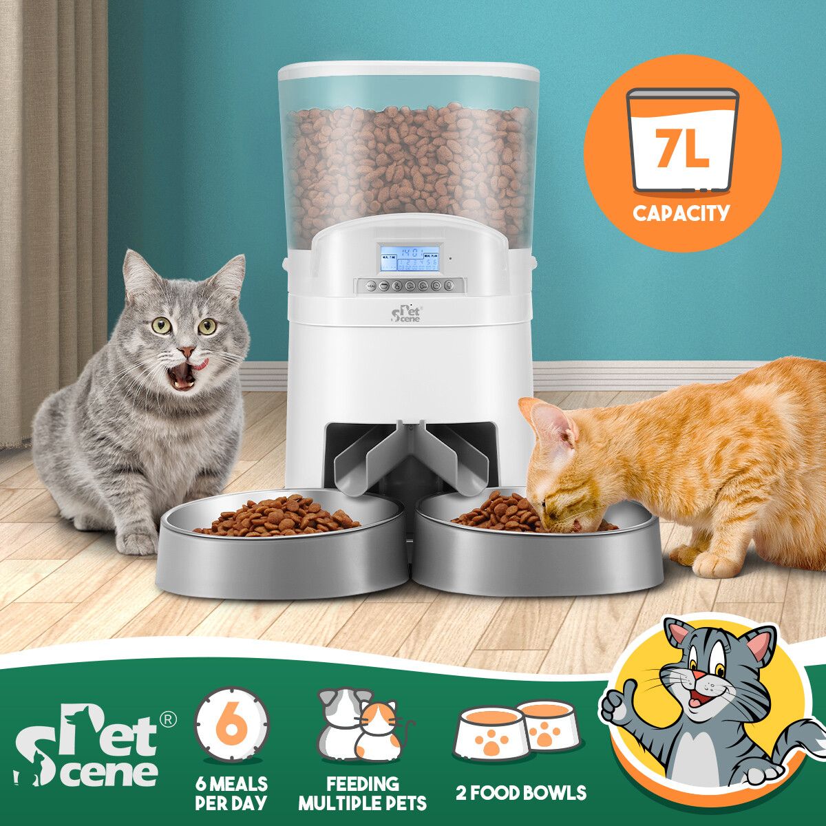 Petscene 7L Automatic Pet Cat Feeder Dog Food Dispenser Voice Recorder 2 Bowls LCD