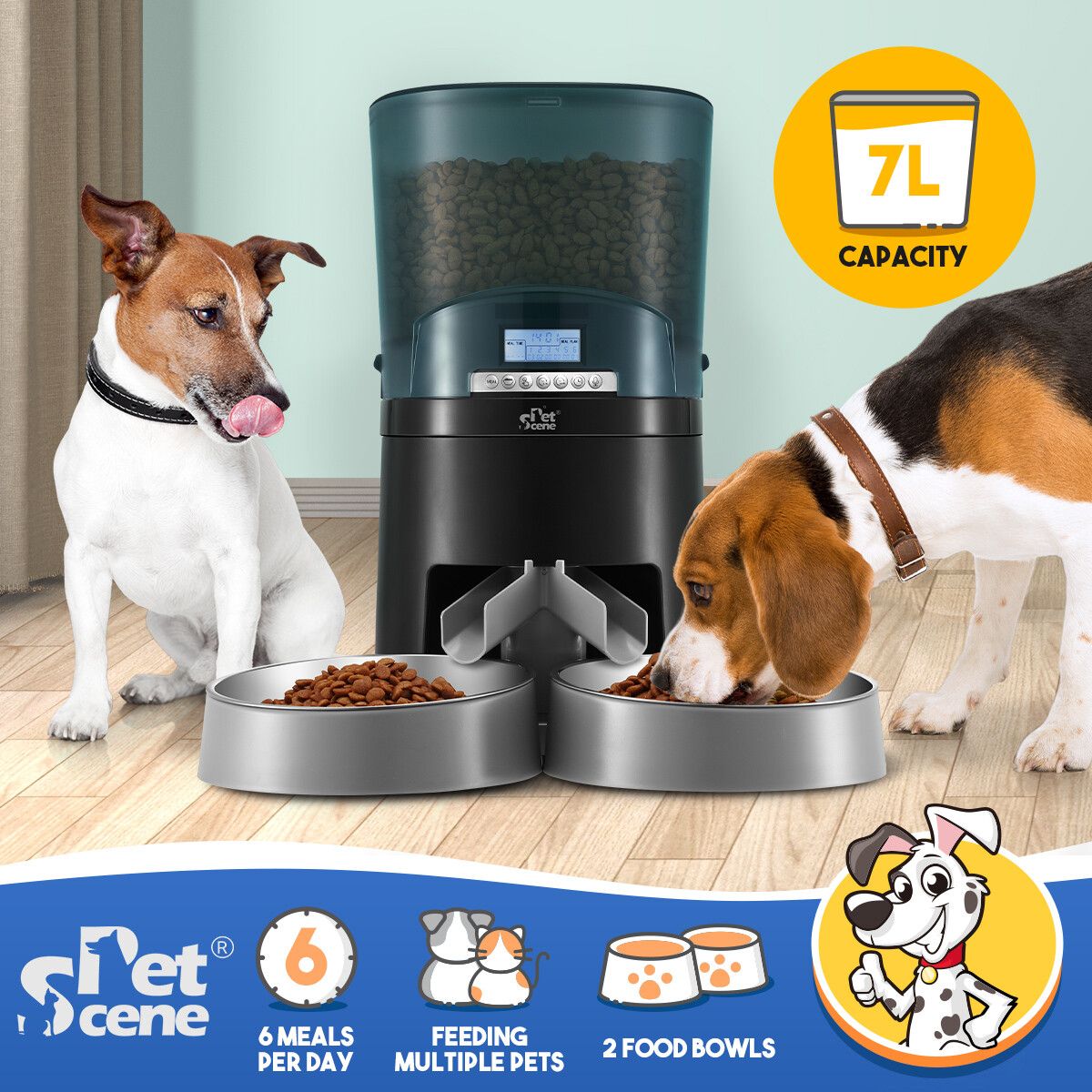 Petscene Automatic Pet Feeder 7L Auto Dog Cat Food Dispenser Voice Recorder 2 Bowls