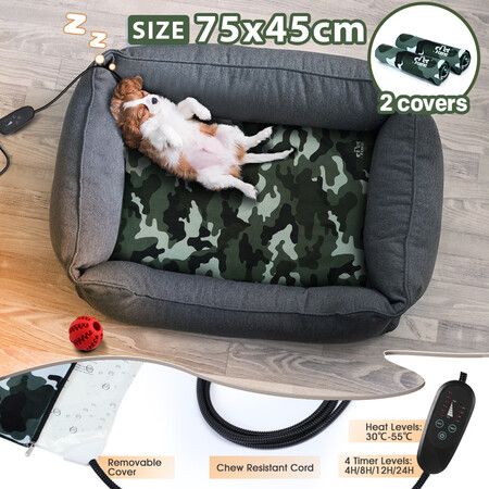 Electric Pet Dog Heater Pad Heated Mat Heating Blanket Cat Bed Thermal Protection Timer L Size 75x45cm with 2 Cloth Covers