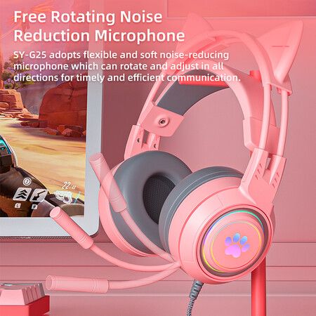 Cat Ear Headphones Gaming Headphones For PC Computer With Microphone Removable Cat Ear Wired USB Pink Headset For PS4/Xbox Color Pink