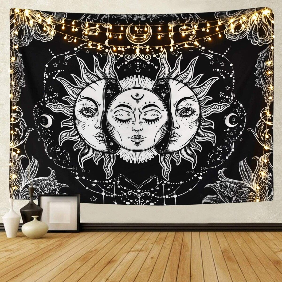 Sun and Moon Tapestry Star Tapestry Psychedelic Tapestry Black and White (130x150cm)