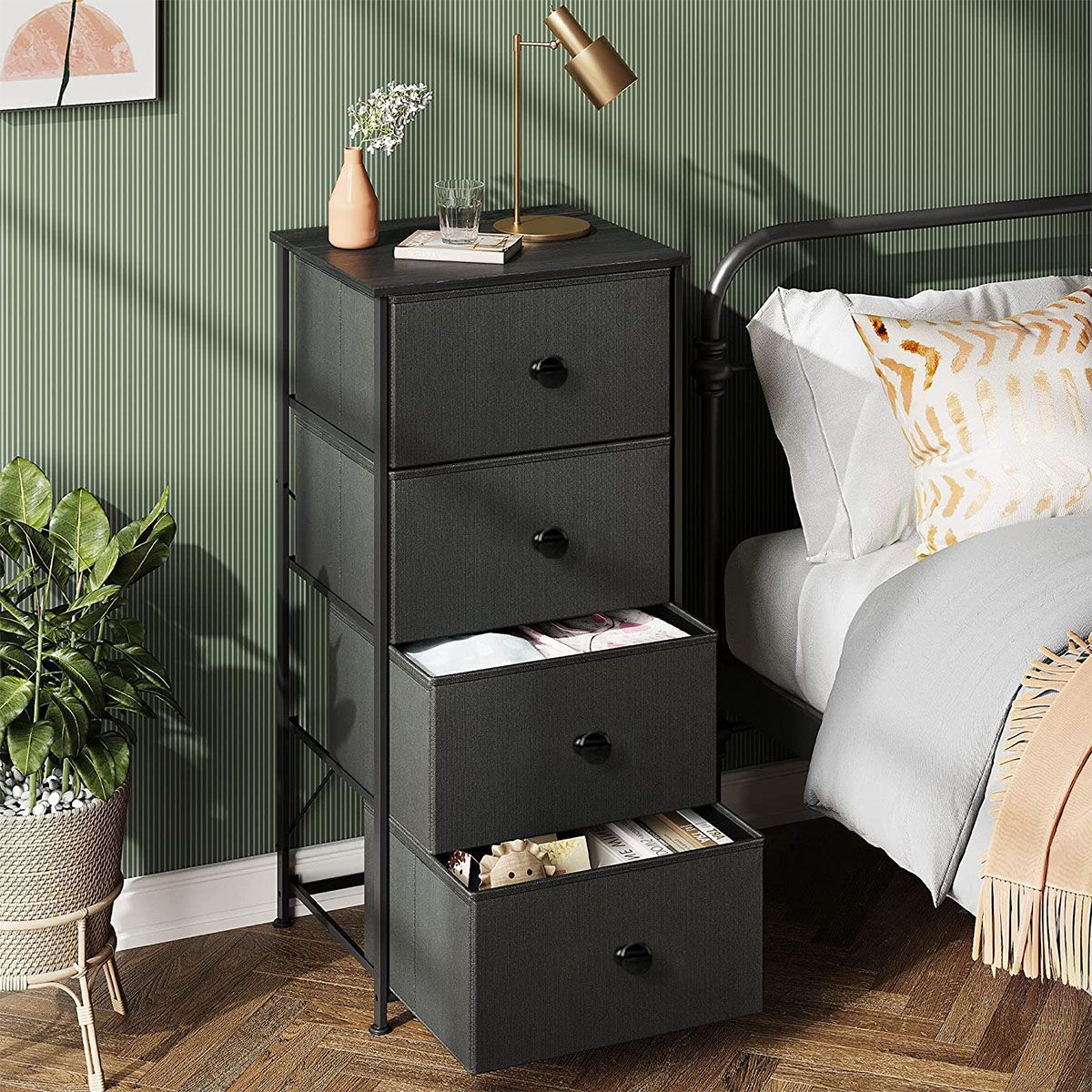 Chest of 4 Drawers Black Fabric Storage Tower Bedroom Dresser Organizer Unit Black