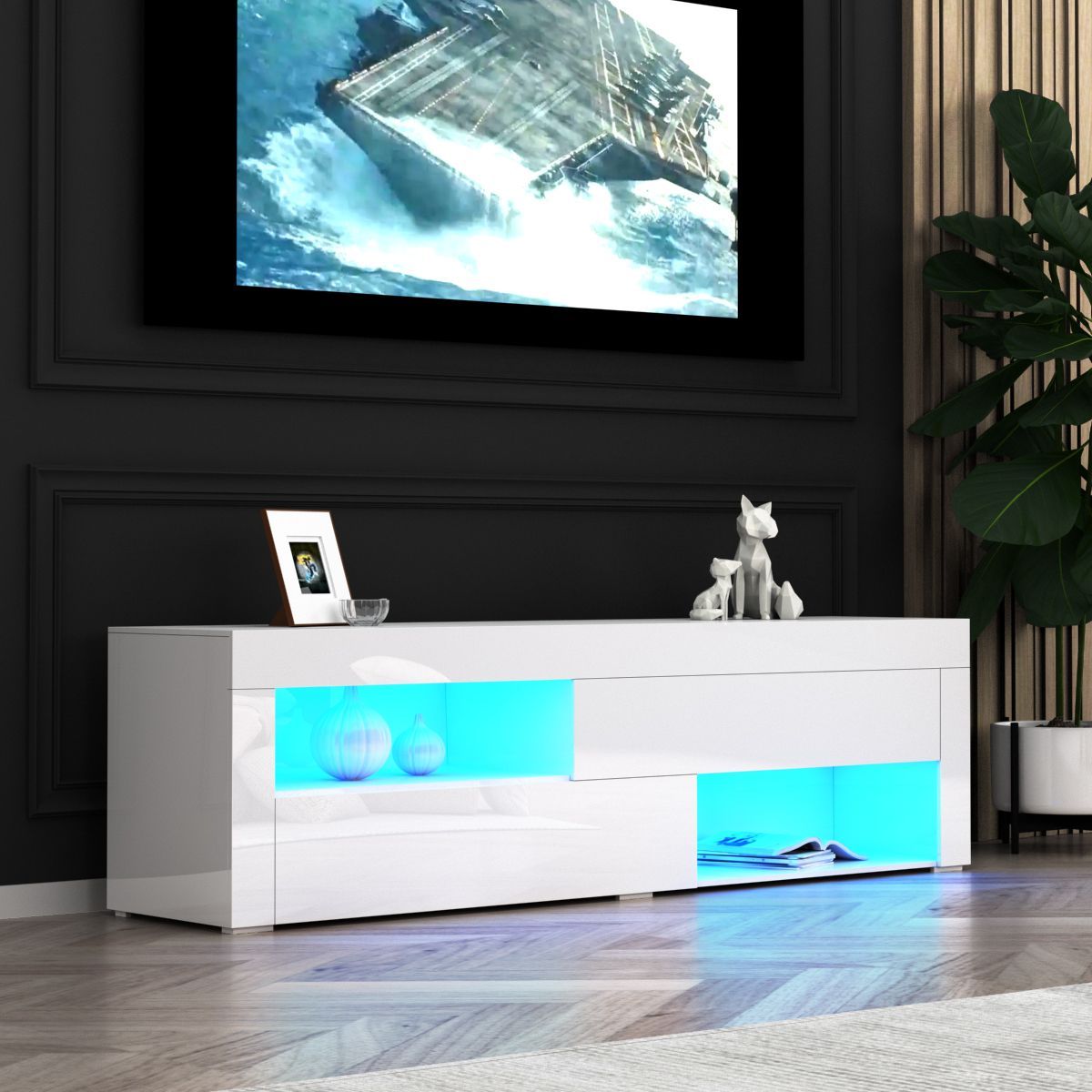 TV Cabinet Stand White Console LED Entertainment Storage Unit High Gloss Front 2 Drawer 