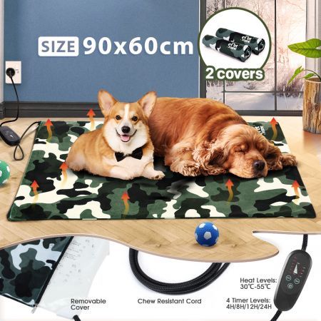 Electric Pet Dog Heater Pad Heating Mat Heated Blanket Cat Bed Thermal Protection Timer XL 90x60cm with 2 Cloth Covers