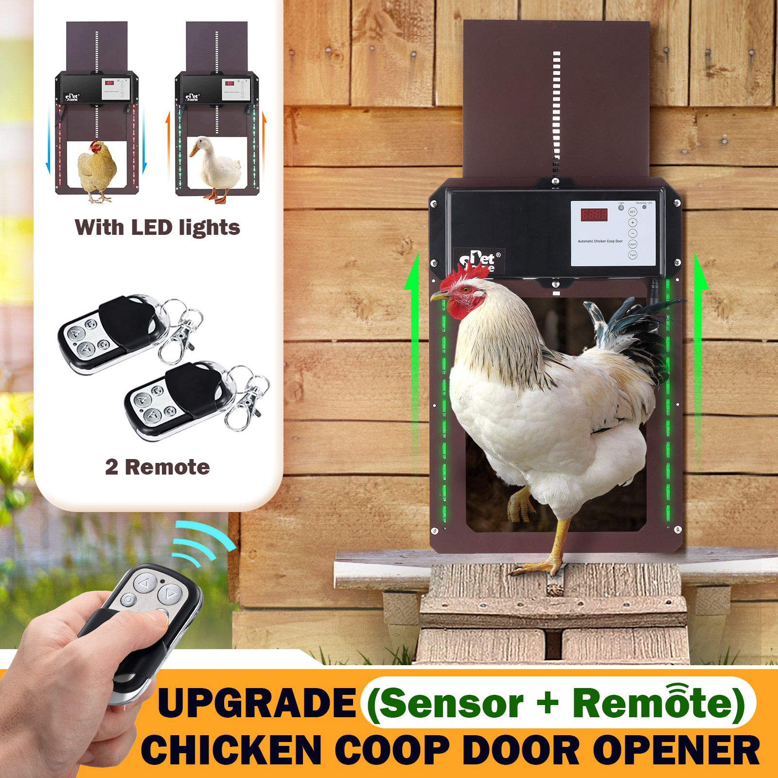 Petscene Automatic Chicken Coop Door Opener Kit LED Lights Timer Light Sensor Remote Waterproof