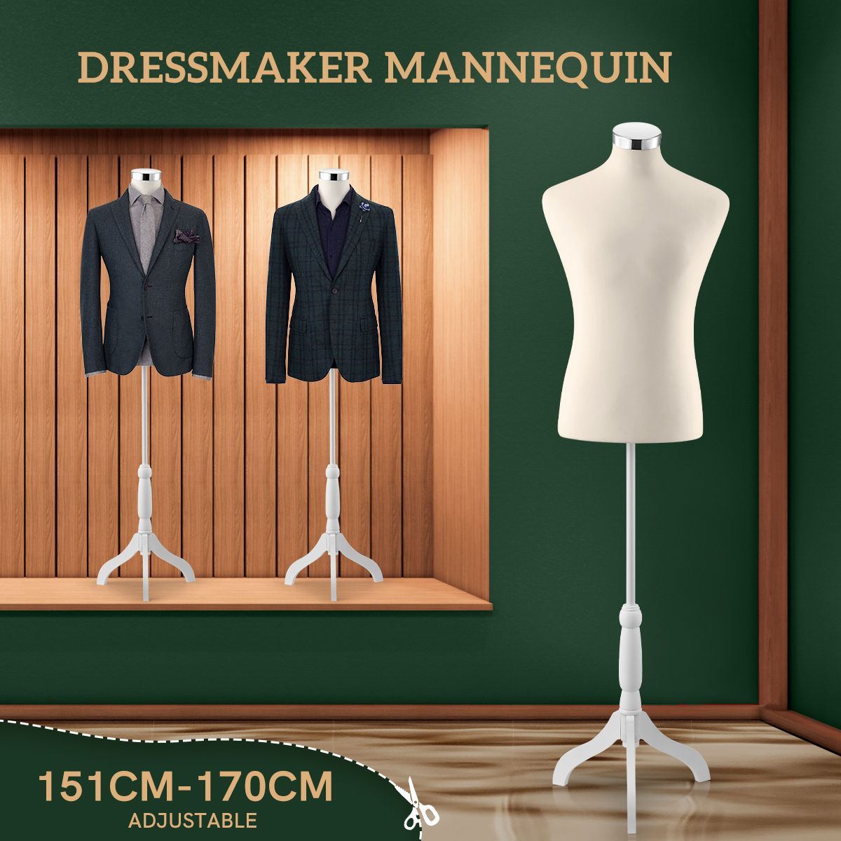 Mannequin Male Dress Form Dressmakers Dummy Torso Manikin Display Stand Tripod Base 151-170cm Skin Tone 
