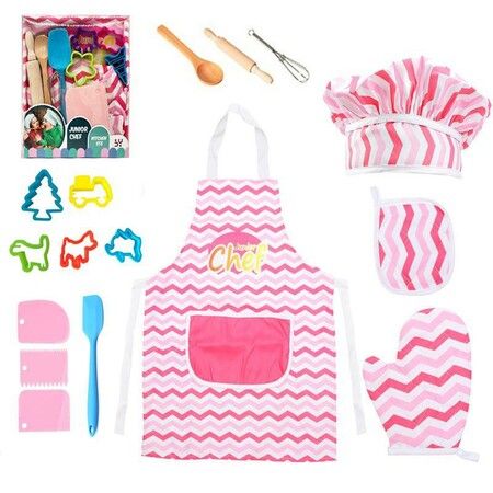 Kids Baking Set for Girls 26 Pcs, Real Cooking Supplies for Junior Child Chef Set Girl Kitchen Toy Gift Kits- Pink