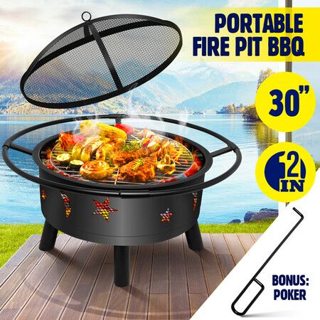 2 In 1 Fire Pit BBQ Grill Fireplace Smoker Brazier Outdoor Patio Heater Camping Portable 30 Inch