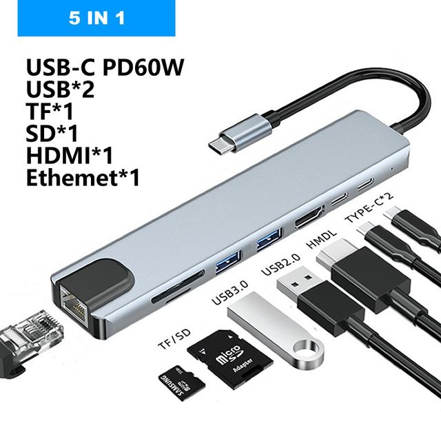 USB 3.0 Type C Hub to Gigabit Ethernet Rj45 LAN 5 in 1 Compatible for Mac Book Pro USB-C