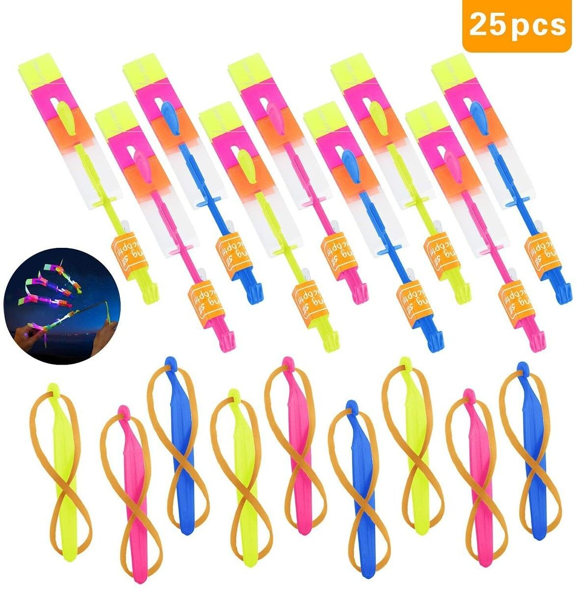 25 Sets Flying Light Sets with Elastic Slingshot, Helicopter, Rocket and Arrow Lights for Party Outdoor Game for Kids