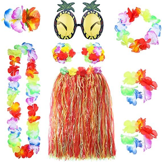 8 Pieces Hawaiian Grass Hula Skirt Set, Necklace Bracelets Bikini Top - Mixed Color Skirt