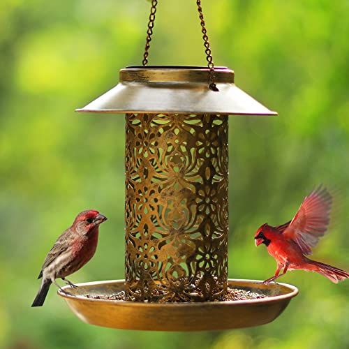 Solar Bird Feeder for Outdoors Hanging, Metal Wild Bird Feeder for Cardinals Solar Garden Lantern with S Hook as Gift Ideas for Bird Lovers