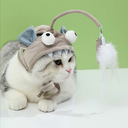 Cat Interactive Toys Kitten Fishing Headdres Hat Feathers Bait Fishing Head Copper Tease Pet Supplies