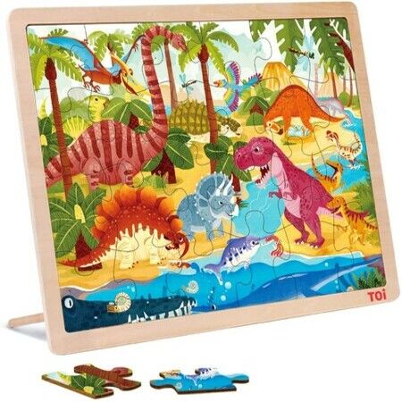 24 PCs Wooden Puzzles for Kids Toddlers Animal Jigsaw Puzzles with Wooden Bracket Age 3+ Educational Preschool Toys, Dinosaur