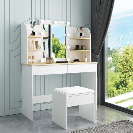 Luxsuite Makeup Vanity Set White, Vanity Set With Mirror And Lights Stool