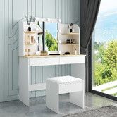 LUXSUITE Makeup Vanity Set White Dressing Table with Lights and Drawers Mirror Stool