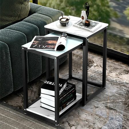 LUXSUITE Side End Table Accent Coffee Nightstand with Storage Shelf Glass Top Bedside Sofa Couch