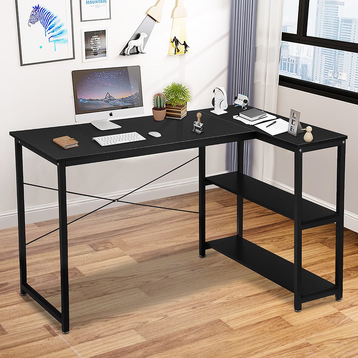 LUXSUITE Computer Desk Black L Shape Gaming Writing Study Corner Table Home Office Workstation with Storage Shelf