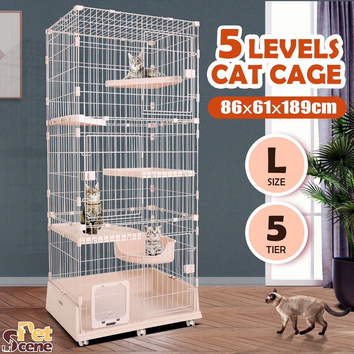 5 Level Rabbit Cat Ferret Cage Hutch Crate Metal Guinea Pigs House Kennel with Cat Door Wheels