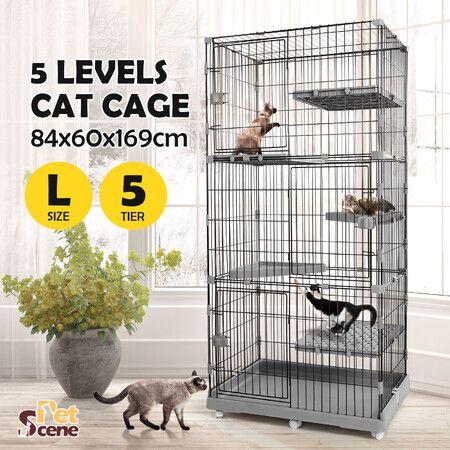 5 Level Cat Rabbit Ferret Cage Hutch House Metal Guinea Pigs Crate Kennel with Wheels 169CM