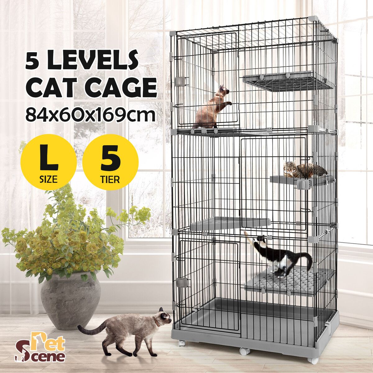 5 Level Cat Rabbit Ferret Cage Hutch House Metal Guinea Pigs Crate Kennel with Wheels 169CM