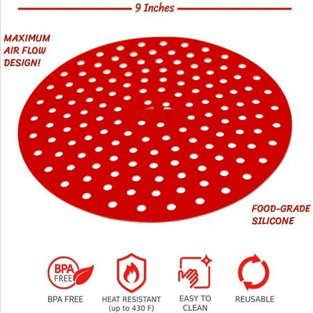 23cm Red Round Reusable Silicone Air Fryer Liners with Air Fryer Magnetic Cheat Sheet - (3pack)