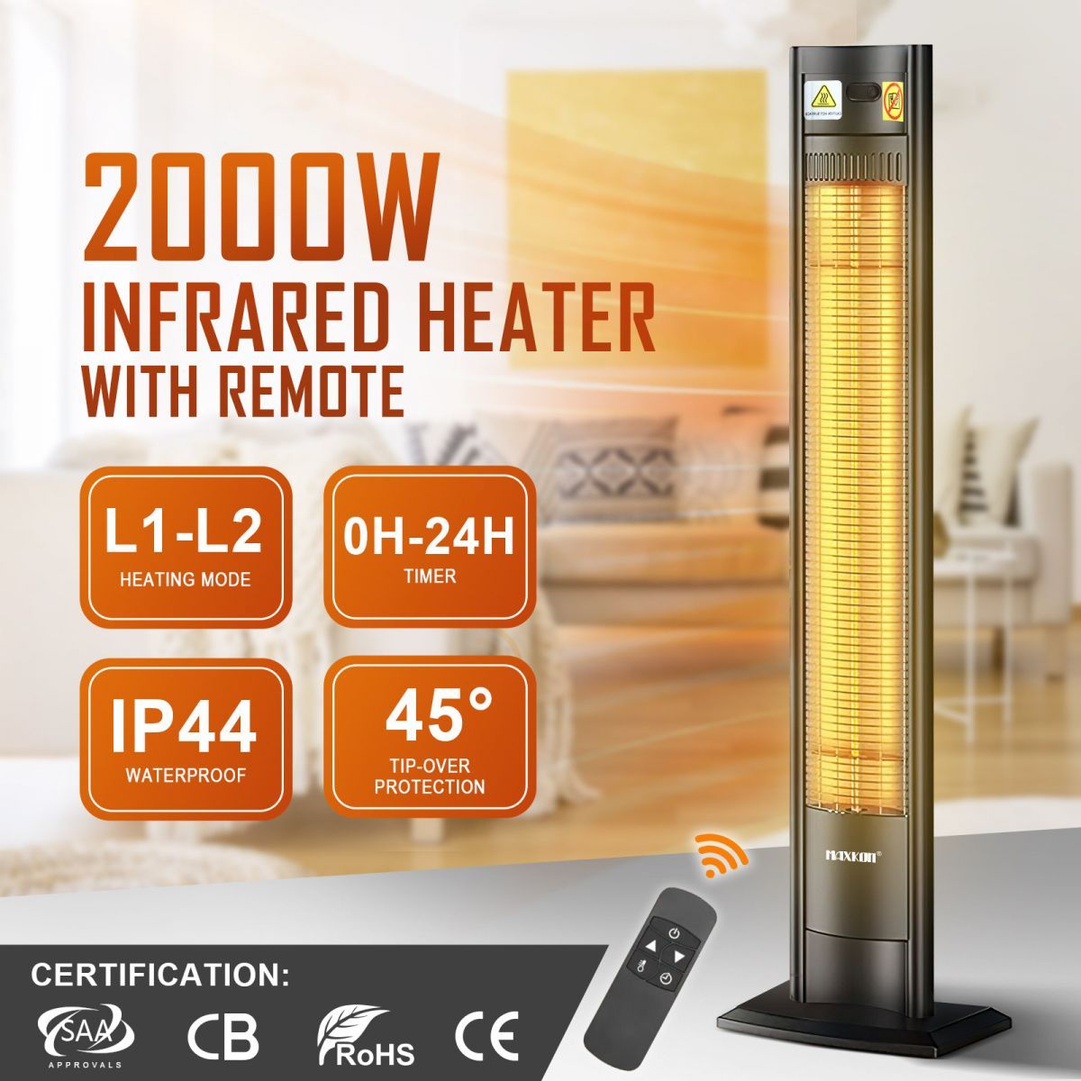 Maxkon Electric Heater Infrared Space Outdoor Indoor Patio Room Portable Energy Efficient Warmer Instant Carbon Fibre 2000W with Remote