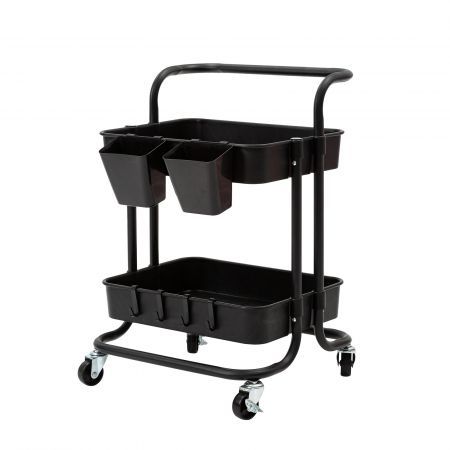 Trolley Cart Storage Utility Rack Shelf Organiser Swivel Kitchen 2 Tier BLACK
