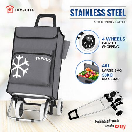 Shopping Trolley Cart Portable Grocery Bag Foldable Market Luggage Basket 4 Wheels Aluminium Gray