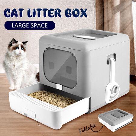 Cat Litter Tray Box Kitty Covered Hooded Enclosed Large Pet Toilet Top Entry Furniture Foldable Gray
