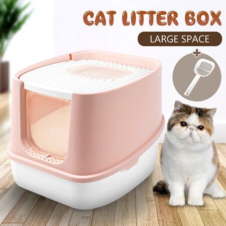 Cat Litter Box Kitty Tray Large Pet Toilet Hooded Covered Enclosed Top Entry Furniture Pink