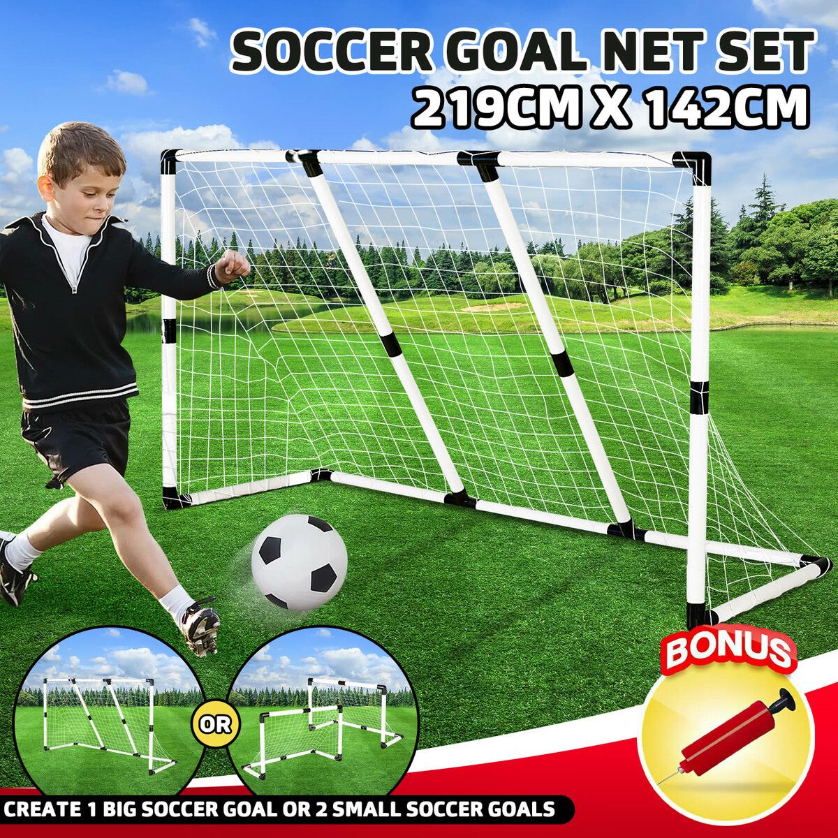 Portable Soccer Goal Nets 2-in-1 Small Football Goals Set Backyard for Kids Adult 219cm X 142cm