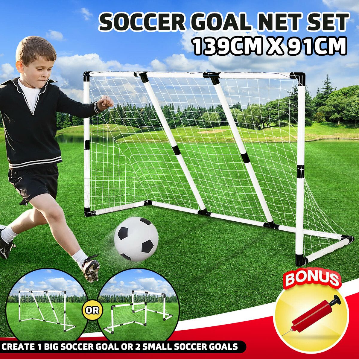 Portable Soccer Goal Nets 2-in-1 Mini Football Backyard Goals Set Easy Assembly for Kids Adult 139.5 x 91.3 cm