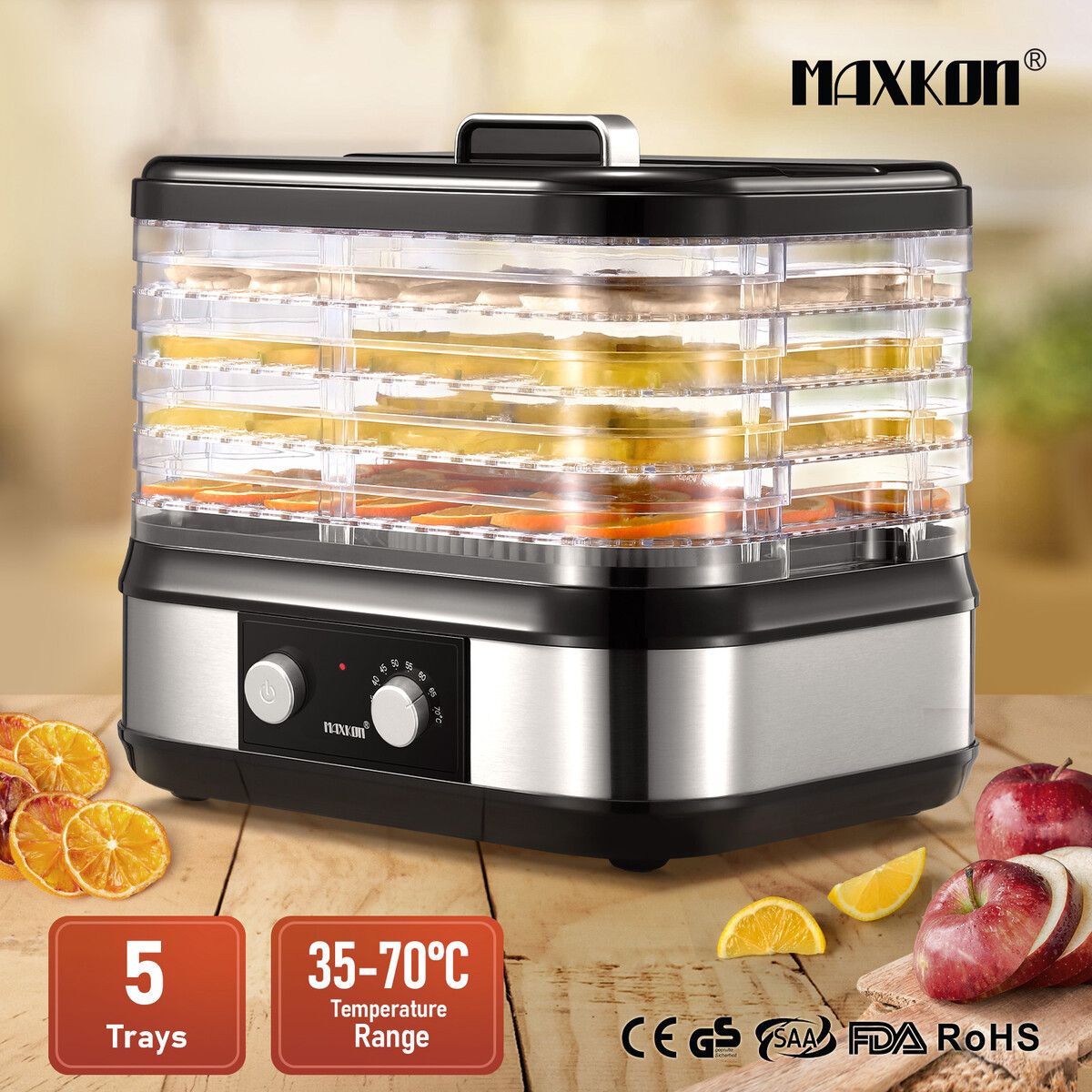 Maxkon 5 Trays Food Dehydrator Dryer Machine Fruit Mushroom Jerky Meat Vegetable 450W