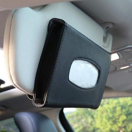 Visor Tissue Box Holder- PU Leather Van Truck Vehicle Car Tissues Case Dispenser for Backseat and Sun Visor, Refill Paper Included (Black)